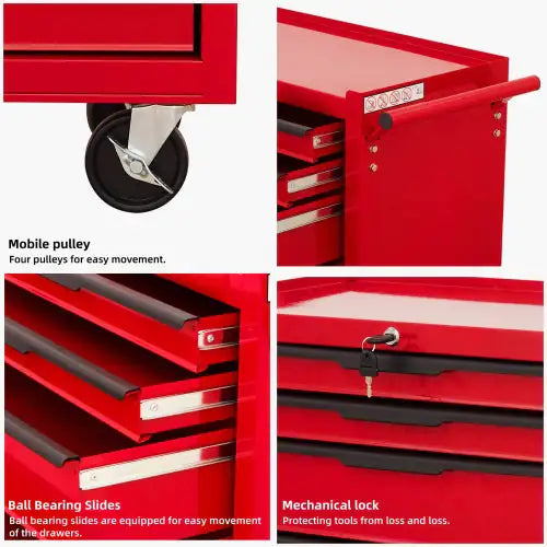 Large Capacity Metal Tool Box With 7 Lockable Drawers on Wheels in Red