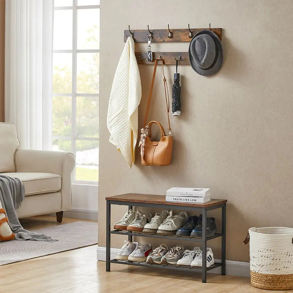 Entryway 3-tier Shoe Rack Bench Set,with 2 Coat Racks,Bag,Hat Hanging Organizer,for Foyer