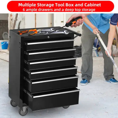 Large Capacity Metal Tool Box with 6 Drawers on Lockable Wheels in Black