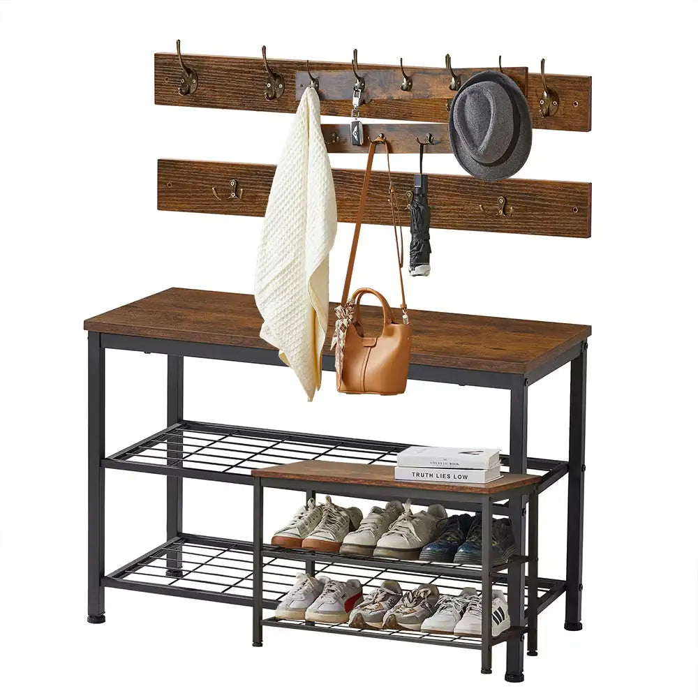 Entryway 3-tier Shoe Rack Bench Set,with 2 Coat Racks,Bag,Hat Hanging Organizer,for Foyer