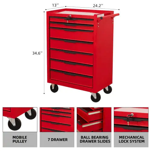 Large Capacity Metal Tool Box With 7 Lockable Drawers on Wheels in Red