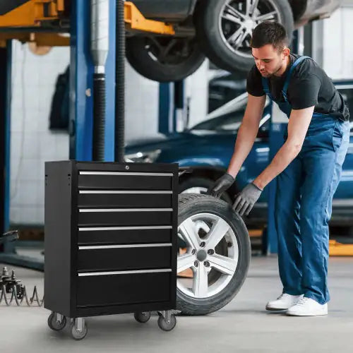 Large Capacity Metal Tool Box with 6 Drawers on Lockable Wheels in Black