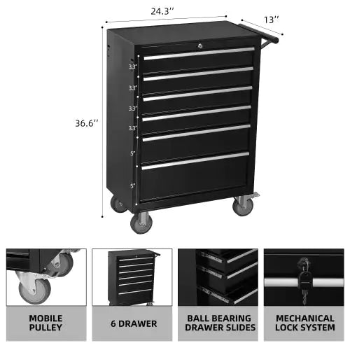 Large Capacity Metal Tool Box with 6 Drawers on Lockable Wheels in Black