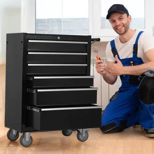 Large Capacity Metal Tool Box with 6 Drawers on Lockable Wheels in Black