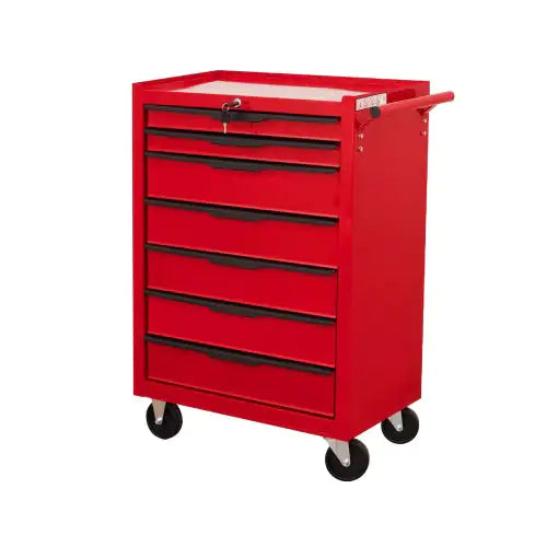 Large Capacity Metal Tool Box With 7 Lockable Drawers on Wheels in Red