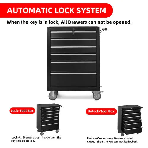 Large Capacity Metal Tool Box with 6 Drawers on Lockable Wheels in Black