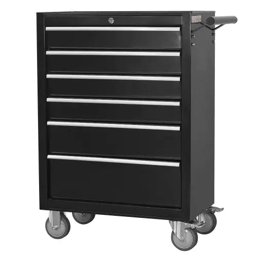 Large Capacity Metal Tool Box with 6 Drawers on Lockable Wheels in Black