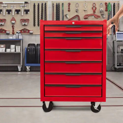 Large Capacity Metal Tool Box With 7 Lockable Drawers on Wheels in Red