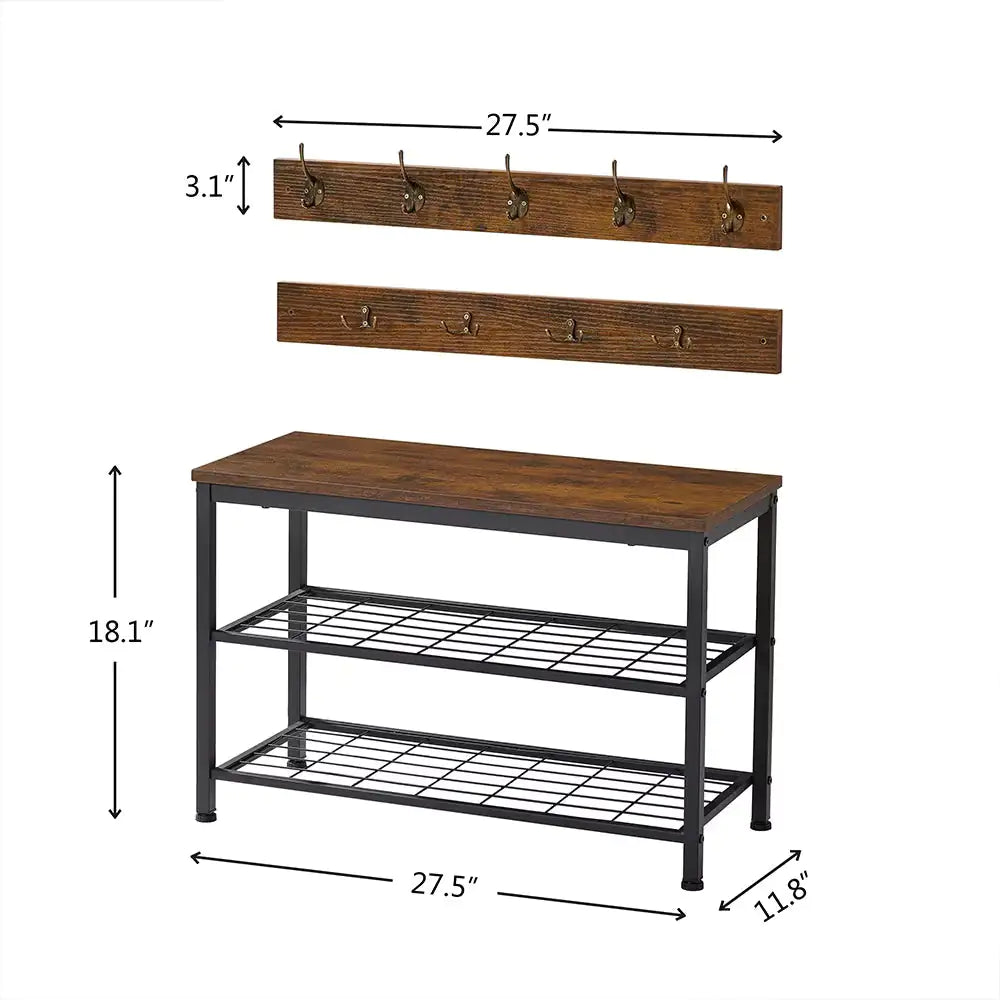 Entryway 3-tier Shoe Rack Bench Set,with 2 Coat Racks,Bag,Hat Hanging Organizer,for Foyer