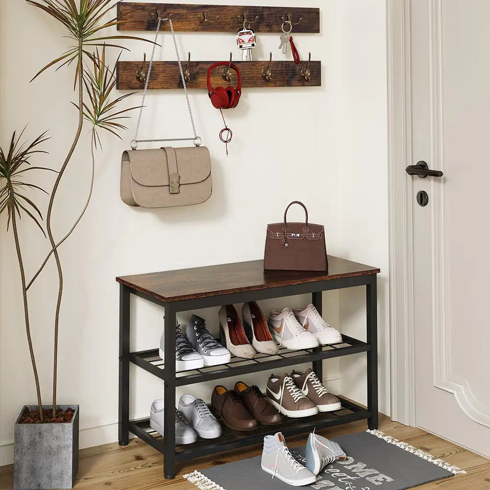 Entryway 3-tier Shoe Rack Bench Set,with 2 Coat Racks,Bag,Hat Hanging Organizer,for Foyer