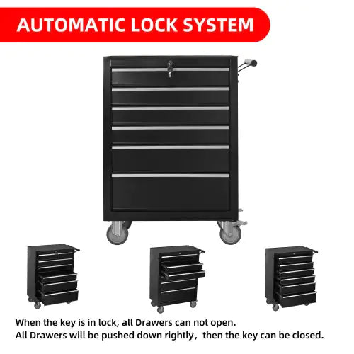 Large Capacity Metal Tool Box with 6 Drawers on Lockable Wheels in Black