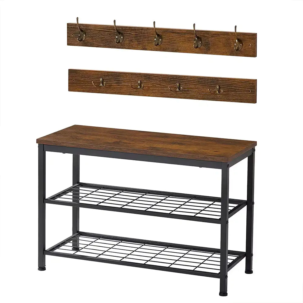 Entryway 3-tier Shoe Rack Bench Set,with 2 Coat Racks,Bag,Hat Hanging Organizer,for Foyer