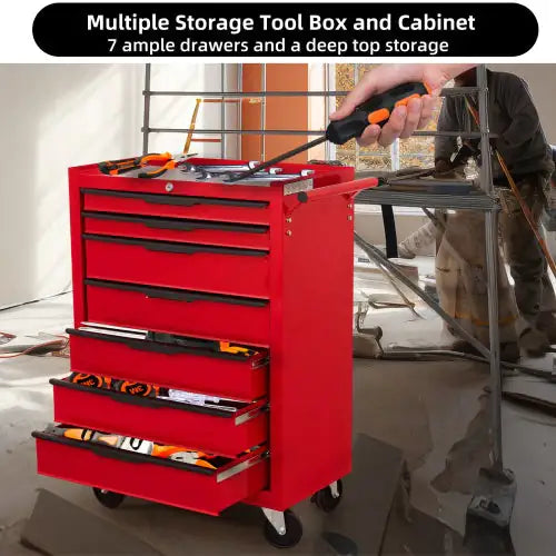 Large Capacity Metal Tool Box With 7 Lockable Drawers on Wheels in Red