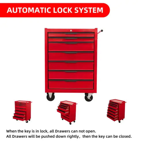 Large Capacity Metal Tool Box With 7 Lockable Drawers on Wheels in Red