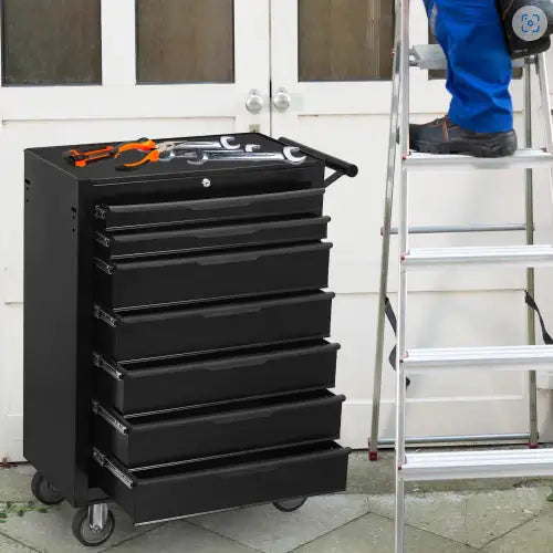 Large Capacity Metal Tool Box with 7 Drawers on Lockable Wheels in Black