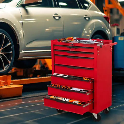 Large Capacity Metal Tool Box With 7 Lockable Drawers on Wheels in Red